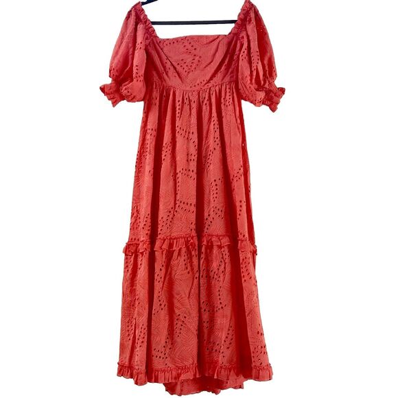 Waimari Belmond Coral Pink Puff Sleeve Eyelet Lace Peasant Maxi Dress Size S - Picture 5 of 9